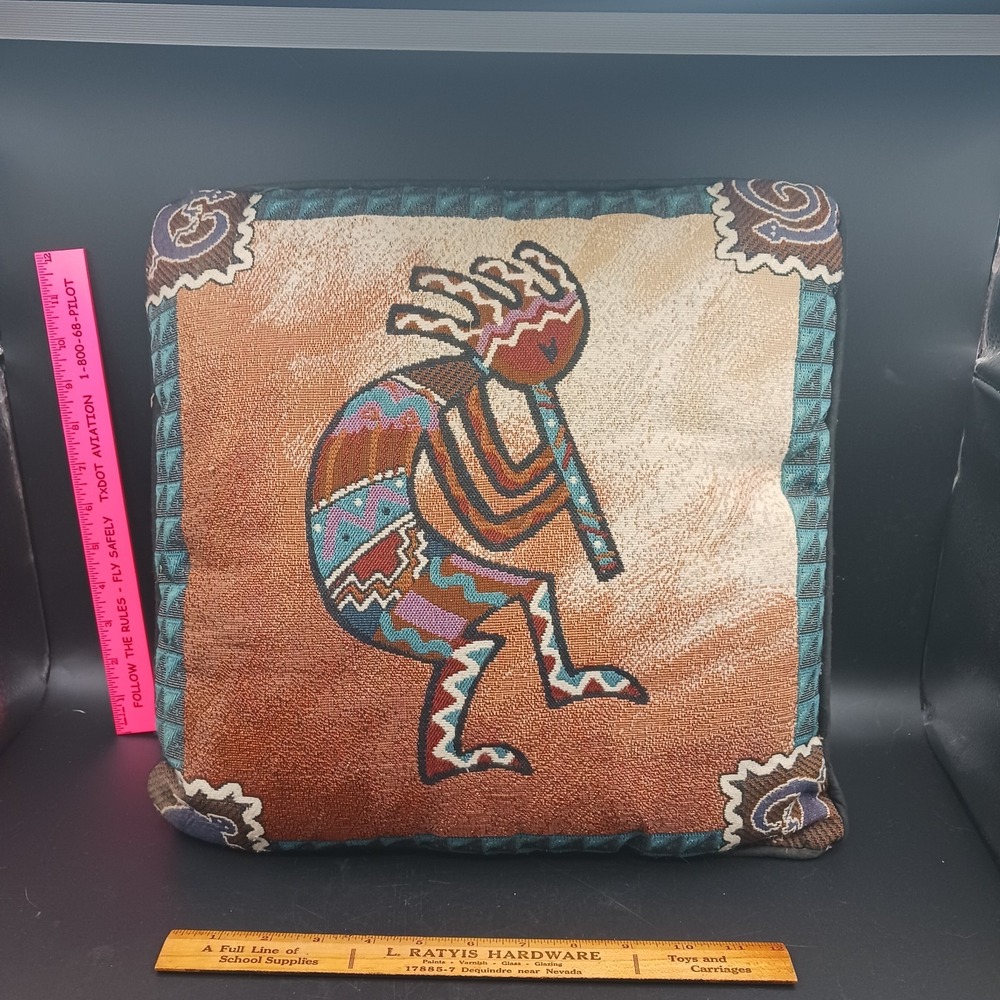 KOKOPELLI Southwest Flute Player Throw Pillow Woven Fertility Dance Native 16x16